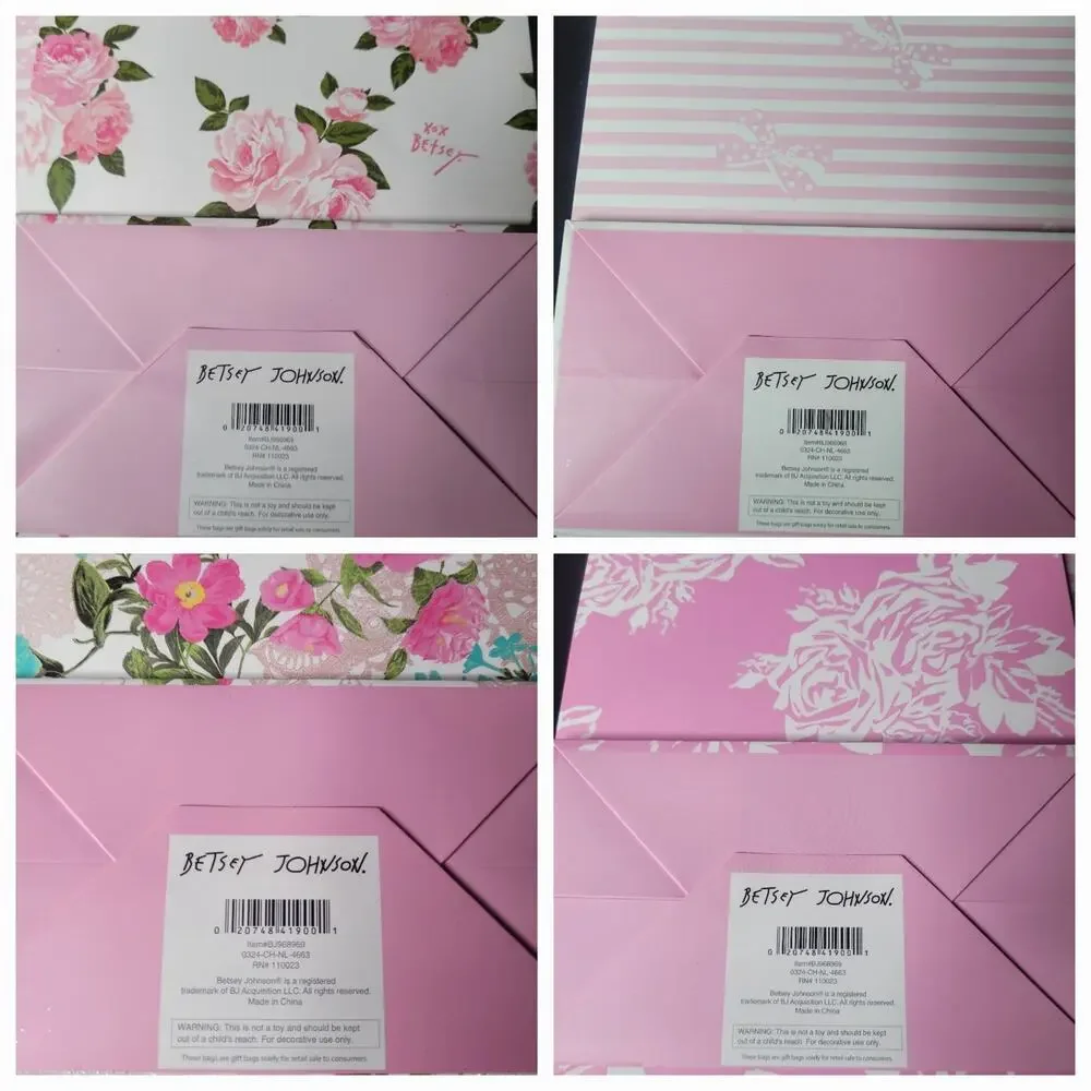 Betsey‎ Johnson 4 Pack Gift Bag Pink Flowers Stripes Bow Glitter Coquette NWT
